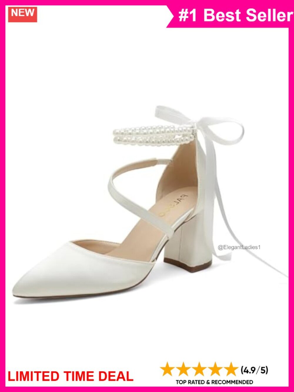 Block Heel Wedding Shoes Pointed Toe Pearl Ankle Strap Bride Pump